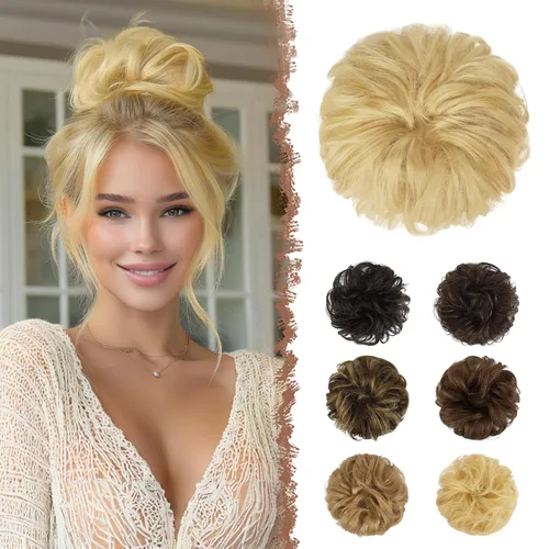 Vista 9 de FESHFEN - Extensiones de moño desordenado humano 100% cabello real, piezas de cabello rizado, extensiones de cola de caballo, cabello ondulado