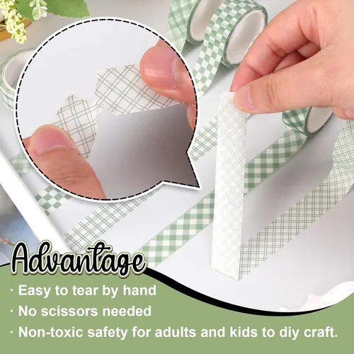 Vista 3 de Whaline 12 Rolls Sage Green Plaid Washi Tape Masking Tape Set Pastel Green Gingham Decorative Wrapping Paper Tapes Boxed for Wedding Scrapbook