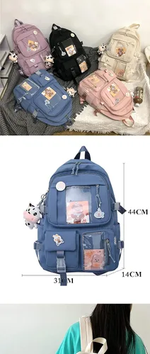Vista 4 de Mochila Kawaii con alfileres Kawaii mochila escolar linda mochila estética linda mochila Kawaii para la escuela, Beige, With Accessories