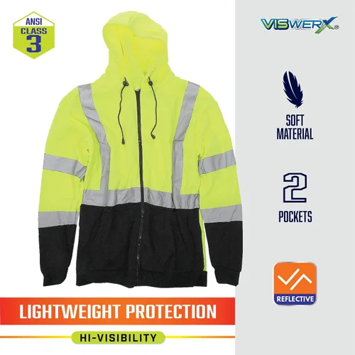Vista 2 de Sudadera con capucha Hi-Vis con cremallera completa – ANSI CL3 – Sudadera reflectante para trabajo, construcción y zonas de alto tráfico, sudadera