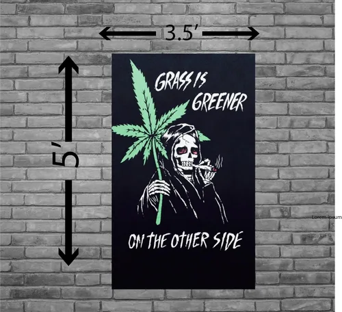 Vista 2 de Reefer Reaper - Tapiz vintage de marihuana de 3 x 5 pies, diseño retro de los años 90, diseño de esqueleto, grunge, hierba, hombre, cueva, stoner