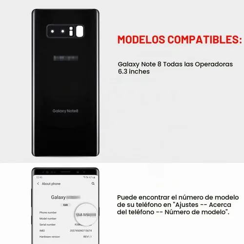 Vista 6 de Compatible con Samsung Galaxy Note 8 - Carcasa trasera de repuesto de cristal de 6.3 pulgadas, SM-N950, todos los portadores con manual de Negro