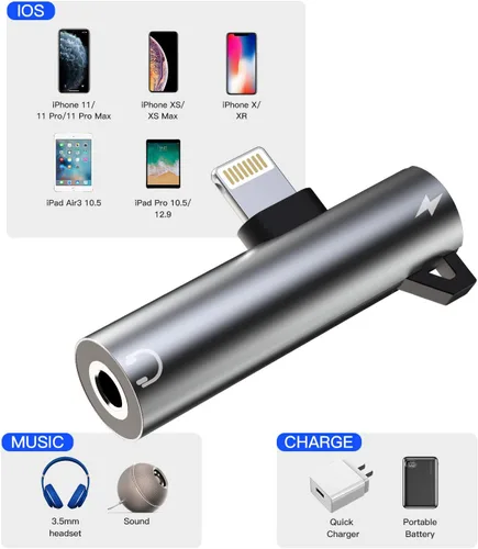 Vista 7 de Adaptador de auriculares Lightning a conector de audio AUX de 0.138 in y extensor de cargador Dongle auricular divisor compatible con iPhone 12 Mini