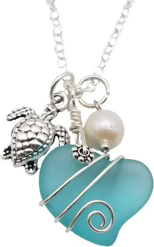 Vista 8 de Collar de cristal de mar hecho a mano, collar de corazón de alambre, collar de abalorios y perlas, joyería de cristal de mar, regalo de cumpleaños