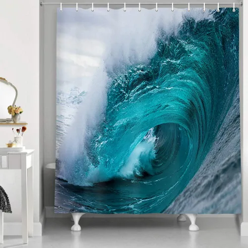 Vista 10 de NYMB Divertida cortina de ducha de gato para baño de niños, genial gato montando ballena, tiburón en olas del océano, cortinas de ducha de tela