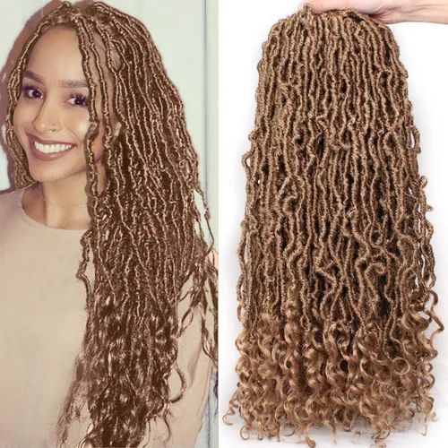 Vista 12 de Leeven 7 Paquetes Cabello Crochet Faux Locs con Puntas Rizadas 10 Pulgadas Pre-enrollado Goddess Locs Trenzas Crochet Cabello 84 Hebras Negro