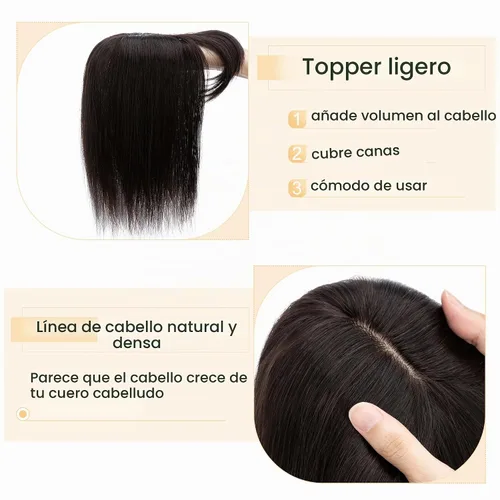 Vista 3 de SEGO Toppers para el cabello para mujer, cabello humano real con flequillo, base de seda de 2.8 x 5.1 in, 100% cabello humano Remy, clip en la parte