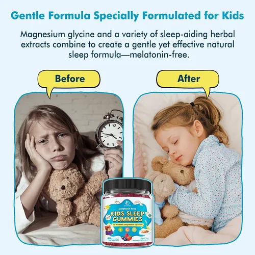 Vista 4 de Gomitas para dormir para niños con glicinato de magnesio, apoyo sin melatonina para dormir para niños, calma y relajación con L-teanina, GABA