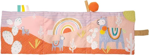 Vista 3 de Manhattan Toy Libro de actividades suave con temática de llama para bebés con chirriador, papel arrugado y espejo seguro para bebés, pequeño