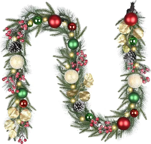 Vista 9 de Valery Madelyn - Guirnalda de Navidad de 1,8 m, preiluminada, con luces, para manto, guirnalda navideña iluminada para exteriores, con bolas