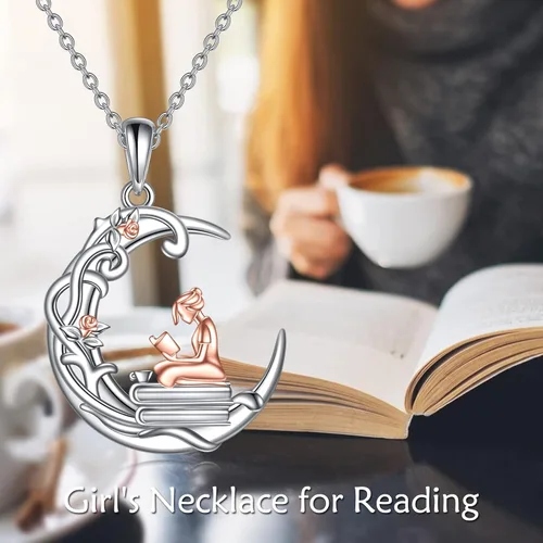 Vista 5 de YFN Collar de plata de ley 925 para amantes de los libros, colgante de lectura para mujer, regalo de graduación, joyería para estudiantes, amigos
