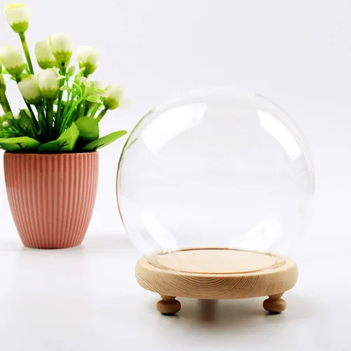 Vista 5 de Cúpula redonda de cristal Cloche Ball Jar Exhibición de mesa con base de madera Diámetro 4.7 pulgadas