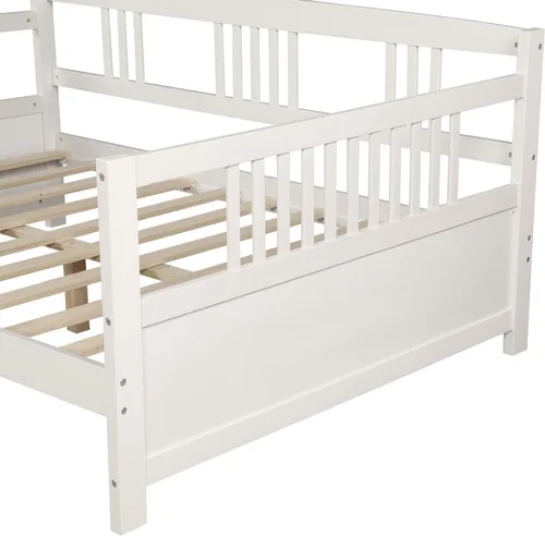 Vista 8 de Sofá cama de madera maciza de tamaño matrimonial, marco multifuncional para dormitorio/sala de estar, con soporte de tablas/espacio de Blanco Clásico