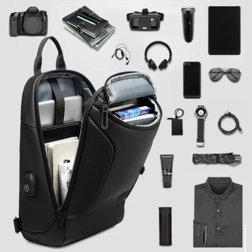 Vista 3 de Leathario Bolso bandolera de cuero para hombre, mochila cruzada para el pecho, mochila pequeña, multiusos, casual, viajes, Negro