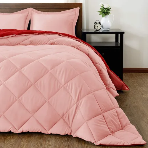 Vista 4 de Juego de edredón reversible alternativo de 5 piezas (rojo/rosa, Queen (88 x 88 pulgadas), 1 edredón con 4 fundas de almohada, algodón suave, 1000