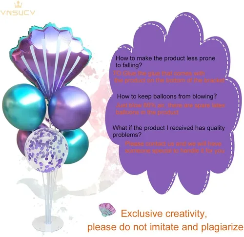 Vista 3 de Kit de soporte de globos de mesa de sirena, 2 juegos con 2 globos de aluminio de conchas marinas, 14 globos de látex azul púrpura para cumpleaños