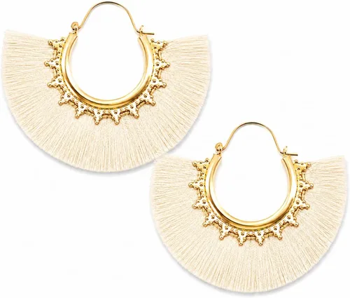 Vista 36 de Aretes de aro con borla, aretes colgantes de hilo de declaración, elegantes aretes largos con flecos, ligeros, largos y con gancho francés, para un