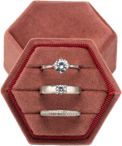 Vista 6 de Giftop Caja de terciopelo hexagonal igual para anillos, 3 ranuras para ceremonia de boda, propuesta, compromiso, cumpleaños (rosa polvoriento)