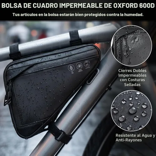 Vista 2 de Bolsa de almacenamiento para cuadro de bicicleta WOTOW, bolsa triangular reflectante resistente al agua con dos bolsillos laterales, bolsa