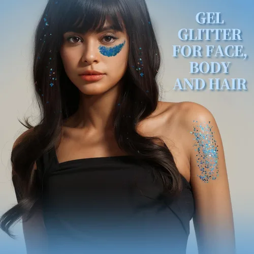 Vista 4 de Teenitor Purpurina para Cara y Cuerpo - Azul, Gel de Purpurina para Cabello, 6 Formas Purpurina de Maquillaje Festival para Cara, Cabello y Cuerpo