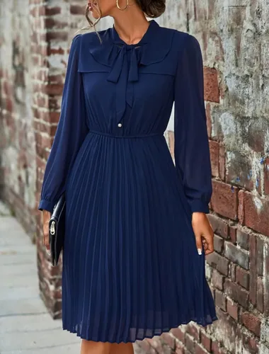 Vista 4 de HAOKEKE Vestido de gasa de manga larga para mujer, vestido de gasa retro con cuadrícula marrón, botones plisados, lazo hacia abajo, vestido de mujer