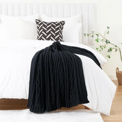 Vista 6 de Battilo Manta Negra para Sofá, Manta de Punto Cable para Cama, Silla, Decoración del Hogar, Manta de Chenilla Tejida Suave y Acogedora, Manta Negro
