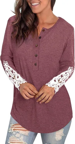 Vista 2 de WIHOLL Camisetas Henley de manga larga con cuello redondo y botones de encaje para mujer