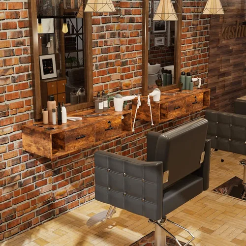 Vista 2 de Leadzm Estación de peinado de montaje en pared para estilistas, equipo de peluquería de belleza, estación de gabinete de salón con cajones