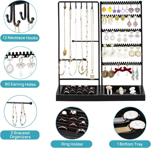 Vista 4 de Vtopmart Soporte organizador de joyas para aretes, collares, anillos, pulseras, exhibición y almacenamiento, con 90 agujeros, 12 ganchos, bandeja