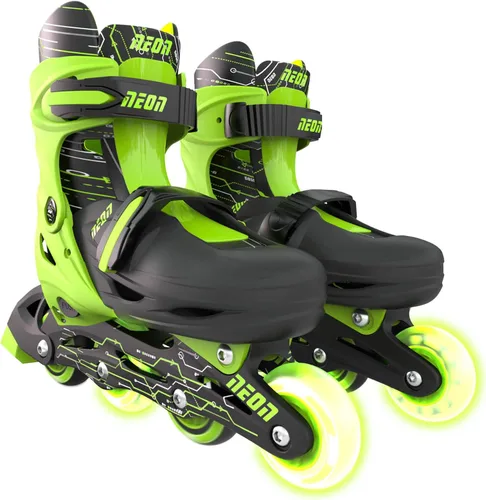 Vista 2 de Yvolution Patines combinados de neón, patines 2-1 cuádruple y en línea para niños con ruedas LED, tamaño ajustable (verde, 3 a 6)