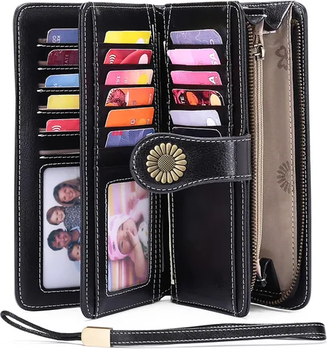 Vista 2 de SENDEFN - Billeteras de cuero genuino para mujer con tarjetero y bloqueo RFID, de gran capacidad y con correa para la muñeca