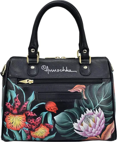 Vista 2 de Anuschka Mujer Pintado A Mano Cuero Genuino Cremallera Alrededor Clásico Satchel - Island Escape Negro, Island Escape Negro, Cremallera Alrededor