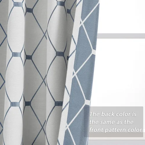 Vista 5 de Nanspring Cortinas blancas con patrón geométrico azul de 84 pulgadas de largo, juego de 2 paneles para sala de estar, pestaña trasera y bolsillo