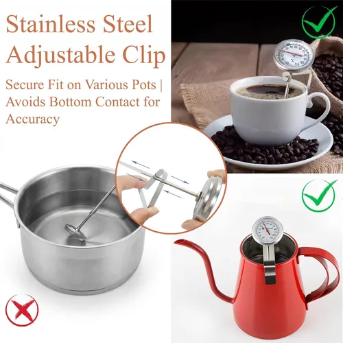 Vista 4 de Termómetro de espuma de leche, termómetro ajustable para colgar bebidas, a prueba de agua, acero inoxidable para café, té, carne, caramelo
