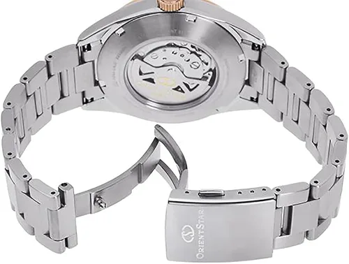 Vista 3 de Orient Star Power Reserve Basic Date 2 tonos oro rosa zafiro reloj RE-AU0401S, Oro rosa, plata.