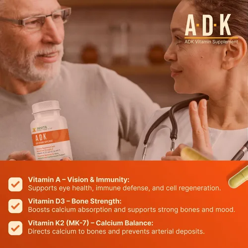 Vista 4 de INVITA, Suplemento vitamínico ADK – 90 cápsulas – Alta potencia de vitamina A, D3 5000 UI y K2-MK7 – Médico formulado para apoyo óseo, corazón e