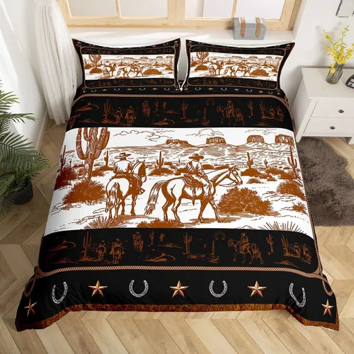 Vista 29 de Manfei Juego de funda de edredón occidental, tamaño individual, juego de ropa de cama de caballo de vaquero de 2 piezas, funda de edredón de cactus