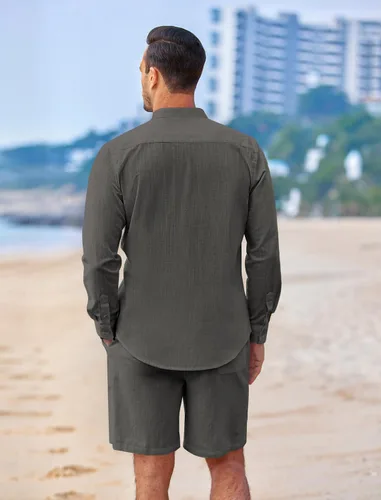 Vista 2 de COOFANDY Conjuntos de lino para hombre, 2 piezas, camisa de manga larga y pantalones cortos casuales con cordón en la cintura, trajes de verano