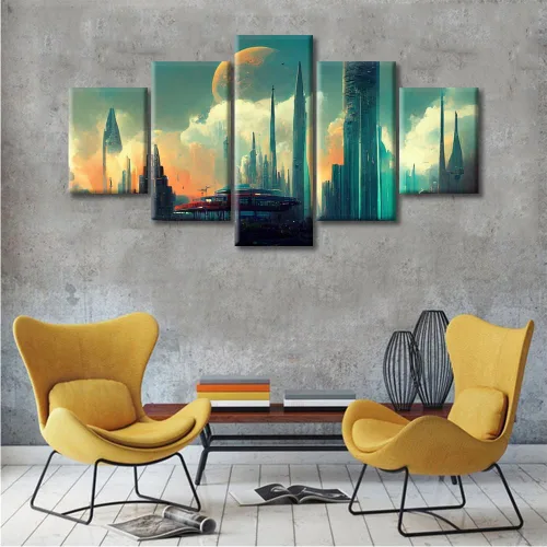 Vista 314 de Cuadros de 5 paneles de Cyberpunk City, arte de pared, representación de vallas publicitarias, edificios modernos en la capital con obras de arte