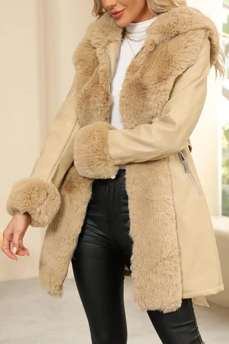 Vista 5 de Bellivera Abrigo de piel sintética con forro polar para mujer, parka con cremallera y cinturón