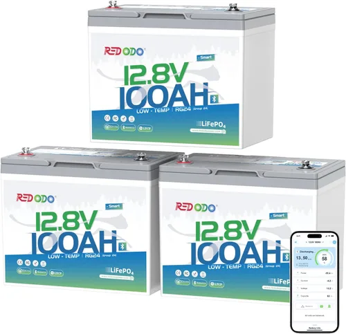 Vista 20 de Redodo LiFePO4 Batería inteligente Bluetooth 24V 50Ah TM baja temperatura, batería de litio integrada en 50Ah BMS, 10 años de vida útil, perfecta