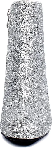 Vista 5 de SEIFIN Botines de tacón grueso con lentejuelas y lentejuelas para mujer, brillantes, para boda, fiesta, vestido, zapatos de tacón medio, botines