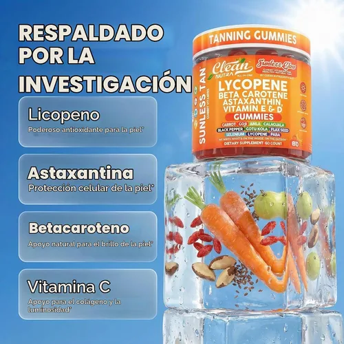 Vista 3 de Gomas bronceadoras de licopeno y betacaroteno sin sol, con astaxantina, vitamina C, D, E, semilla de lino, selenio, amla, tirosina, PABA, pimienta