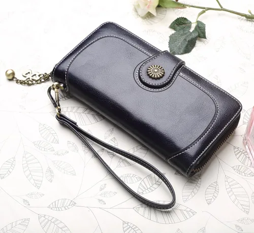Vista 3 de Cartera con tarjetero para mujer, con bloqueo RFID, gran capacidad, de lujo, cera, embrague, Negro -, Cuero