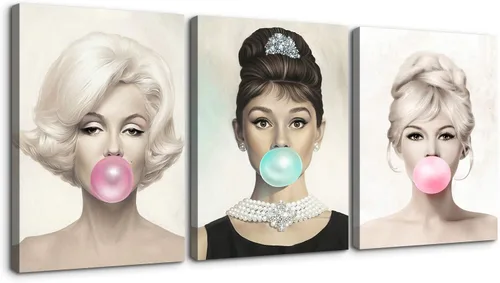 Vista 13 de Denozer Arte de pared en lienzo de 3 paneles con retrato de belleza de Marilyn Monroe, Audrey Hepburn y Brigitte Bardot, impresiones de cuadros