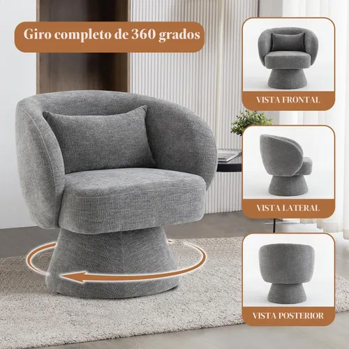Vista 4 de Silla giratoria de 360°, moderna silla de barril de terciopelo con almohada, sofá individual tapizado para sala de estar, dormitorio, oficina. Gris