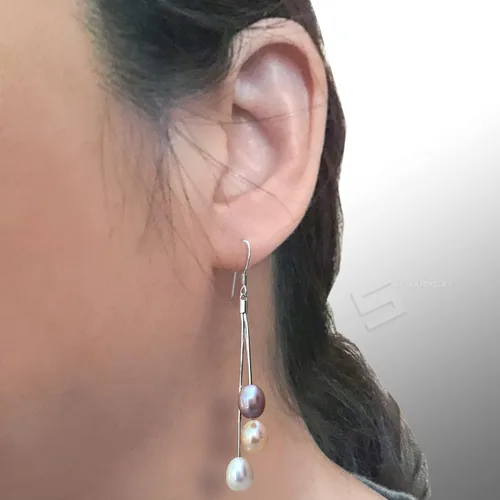 Vista 5 de Pearl earrings, Real Pearls In Sterling Silver Earrings, Flawless Freshwater Pearl Dangles, Multi Colored Cultured Pearls Drop Earrings