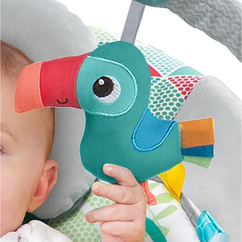 Vista 4 de Bright Starts Baby Bouncer Soothing Vibrations - Asiento para bebé, música, barra de juguete extraíble, 0-6 meses hasta 20 libras (Tucán Tango)