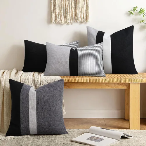 Vista 4 de Adabana Juego de 2 fundas de almohadón de lino decorativas con diseño de patchwork cuadrado para sofá, cama, sala de estar, estilo granja, 18 x 18