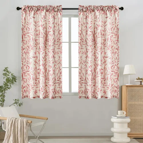 Vista 14 de VOGOL Cortinas con estampado de pájaros campestres, 30 x 24 pulgadas, 2 paneles, beige Linen Look Texture, Decorative Small Window Treatment